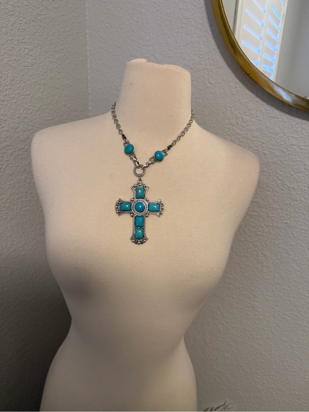 Silver-Tone Cross Necklace with Turquoise - like Stones